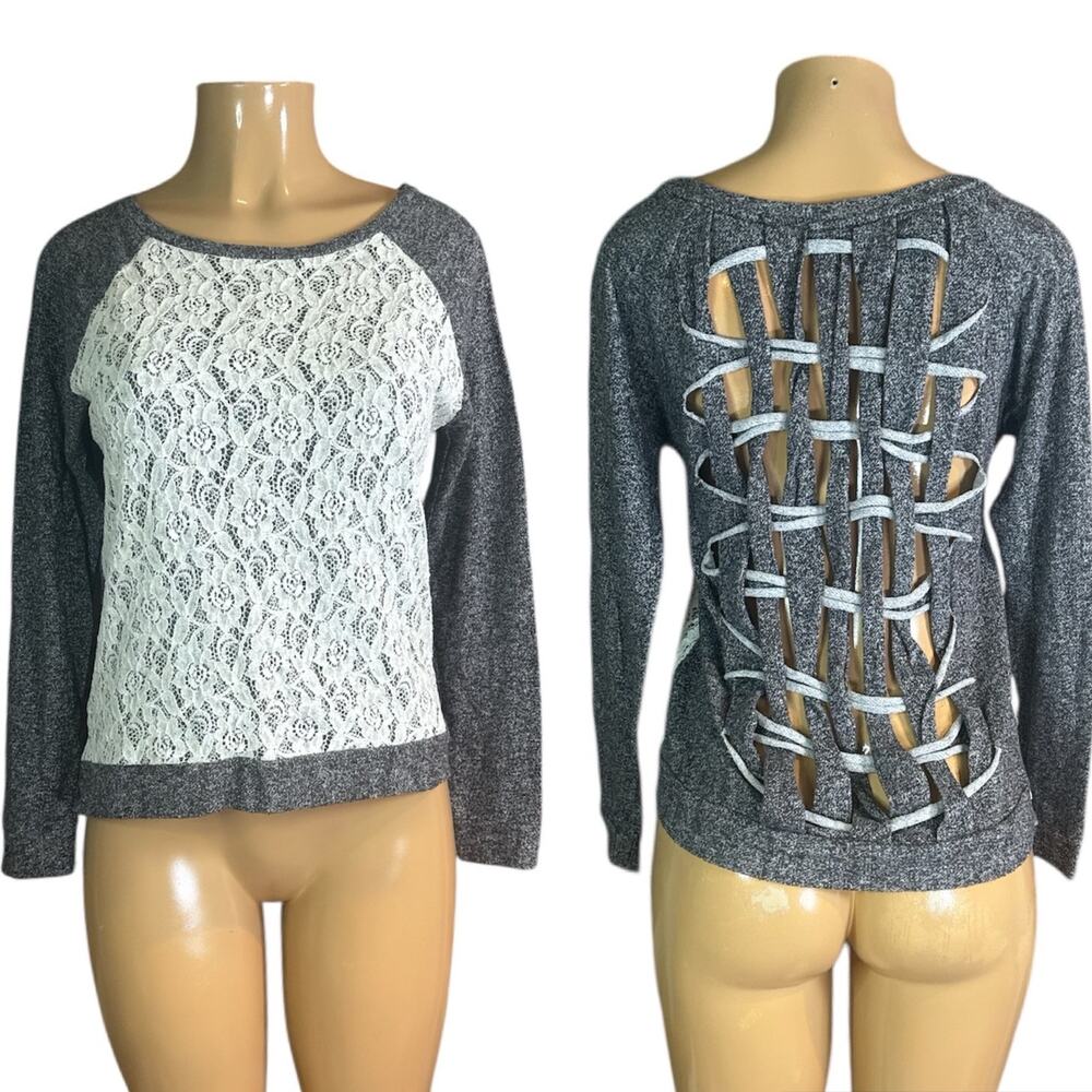Esley Gray Open Lattice Back Long Sleeve Knit Top Ivory Lace Front Size Medium